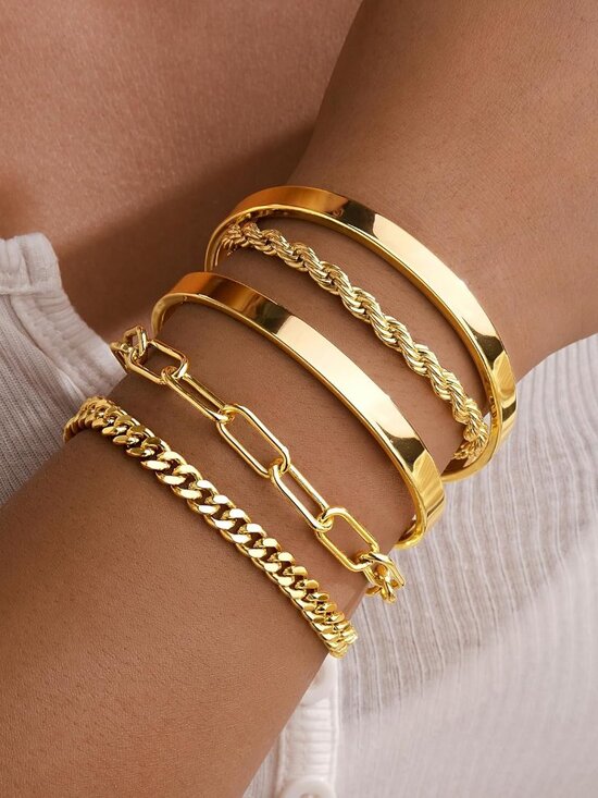Gold Bracelets Set for Women Non Tarnish, Waterproof 14K Gold Plated Sterling Si - Picture 2 of 7
